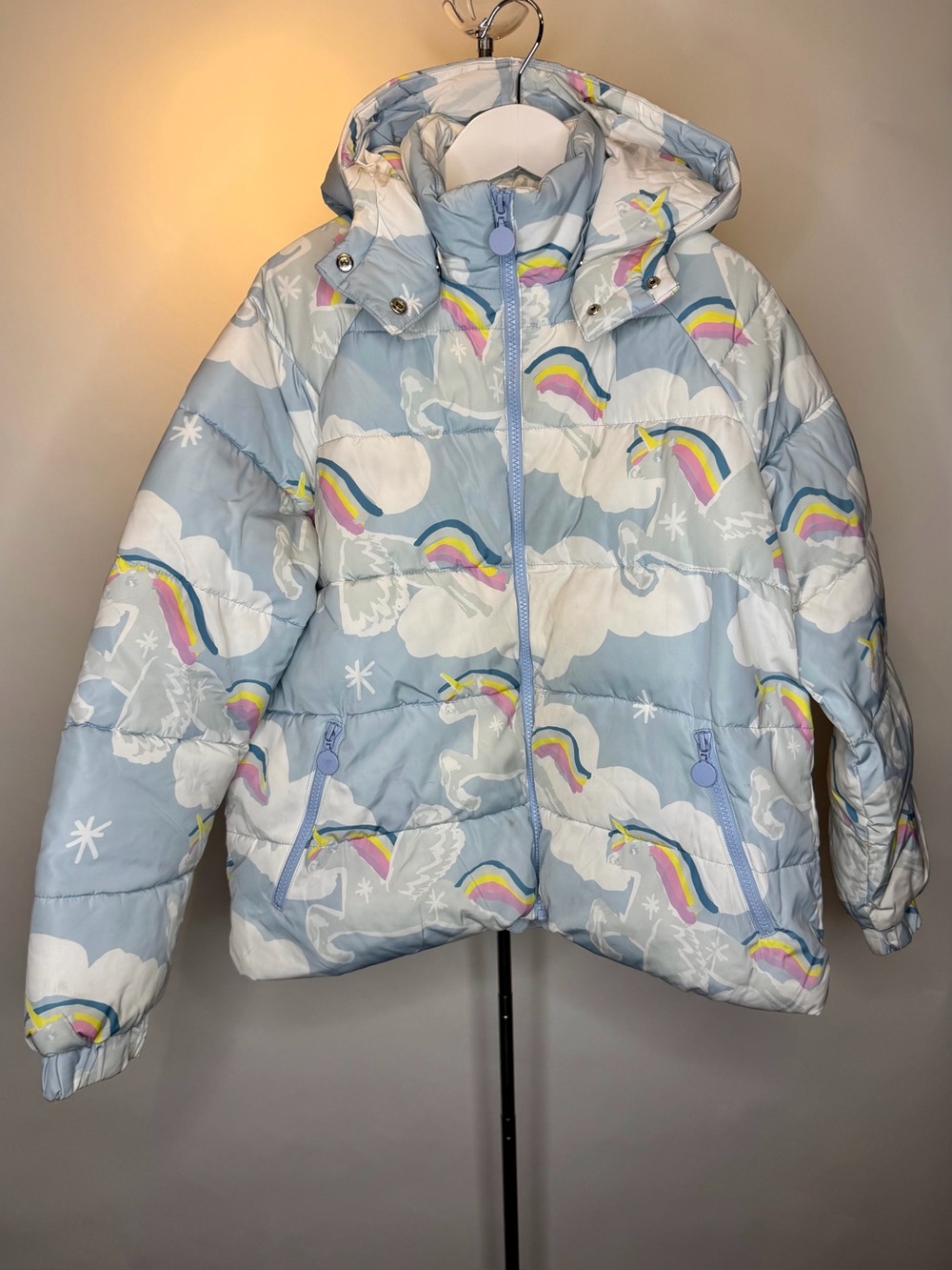 Stella McCartney Kids Light Blue Unicorn & Rainbow Hooded Ski Jacket - Worn 2x